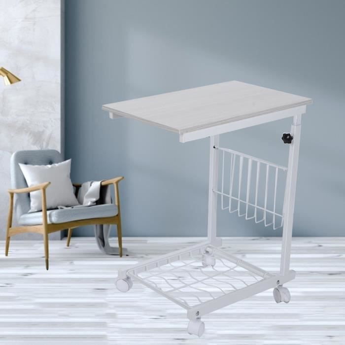 Table D'Appoint Forme C Bambou - Hauteur Réglable 45-85 Cm - Plateau Pivotant - Pour Lit, Canapé, Bureau