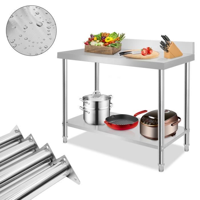 xmtech 120x60x85cm table de cuisine en acier inoxydable avec des étagères, réglable en hauteur, pour cuisine bar restaurant