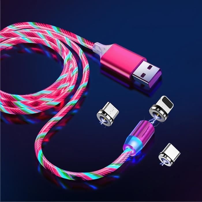 Câble Magnétique USB LED 2-en-1 (Type C Et Lightning) – Charge Rapide, Longueur 1m, Compatible Multi-marques