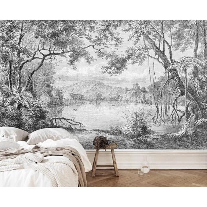 Papier Peint Panoramique 3D Forêt En Noir Et Blanc Jungle Peinte À Main ...