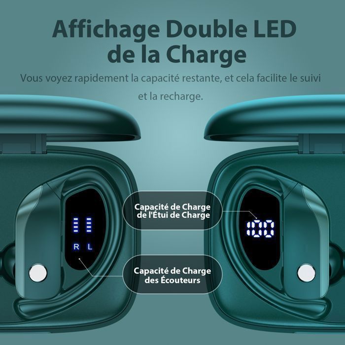 Écouteurs Bluetooth Intra-Auriculaires S42 - 40h Autonomie, Réduction Bruit, IPX5, Touch Control, Chargeur à Affichage LED