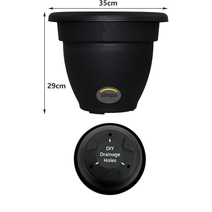 Lot 6 Pots De Fleurs Ronds 16 Cm + Soucoupes – Plastique Noir Mat – Drainage Multi-Trous