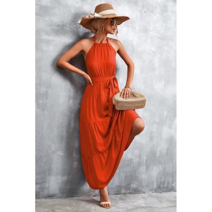 Robe Femme Robe longue sans manches dos nu couleur unie Orange KJEHOME HAIKEYI Orange Cdiscount Pret a Porter