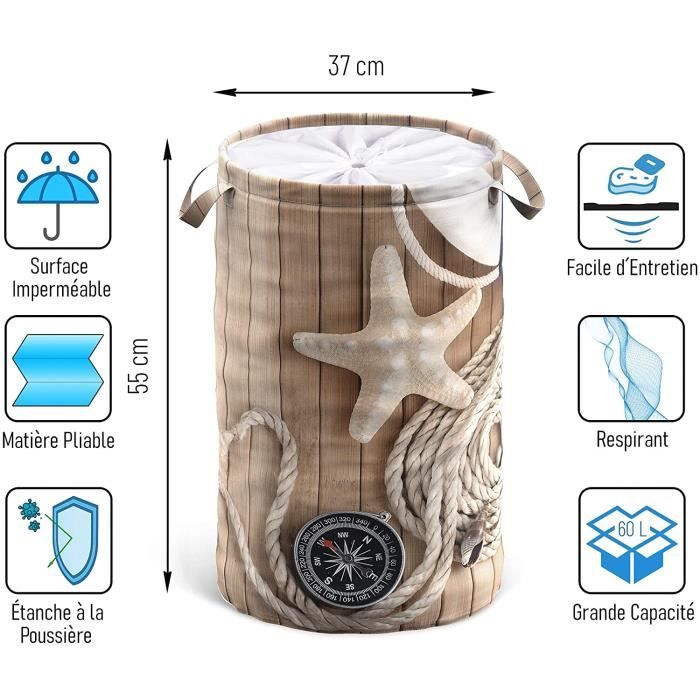 Sanilo Panier à linge, Corbeille à linge ronde, 60 litres, Sac à linge pliable avec des poignées (Antique