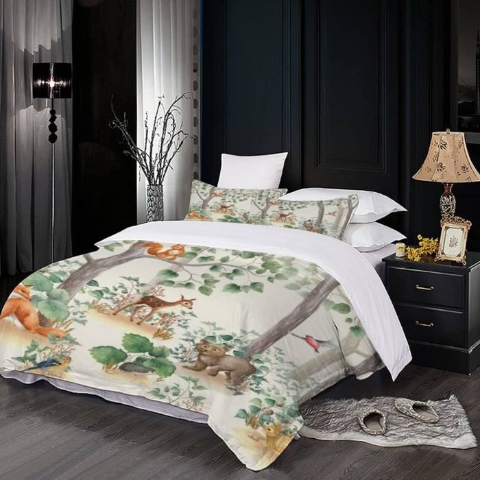 Housse De Couette Enfant 140x200cm - Motif Forêt Animaux - Microfibre Douce - 2 Pièces