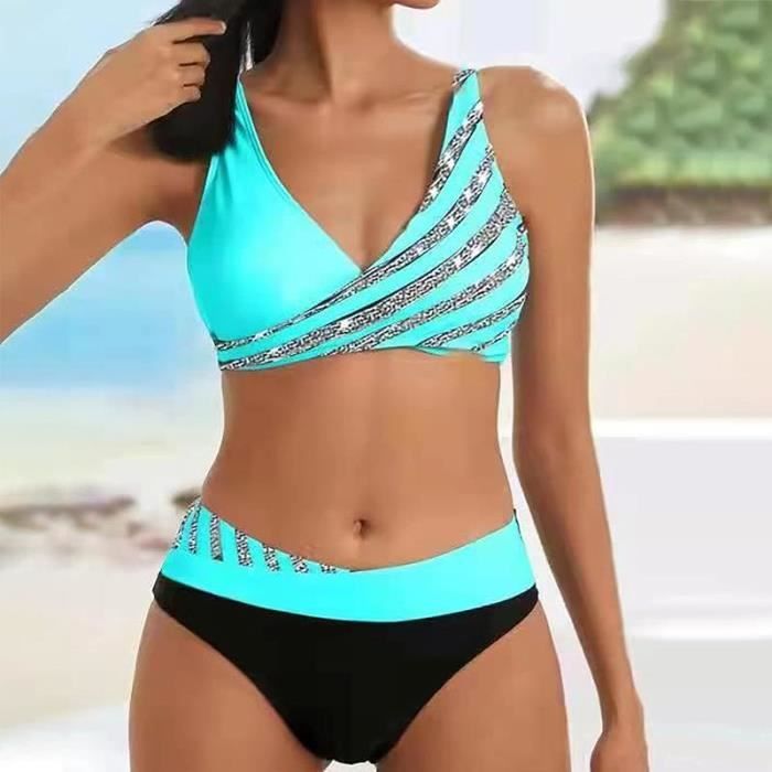 Maillot De Bain Femme 2 Pieces Marque Col V Push Up Rembourre Bikini Conception en Croix Avant
