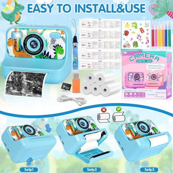 Appareil Photo Instantané Enfant 4800W 1080P VAYOTOY Appareil Photo Instantané Pour Enfants 3-12 Ans – 4800W, 1080P, écran IPS 2,4 Pouces, Impression Noir/blanc, 20x Zoom, Jeux Et Musique