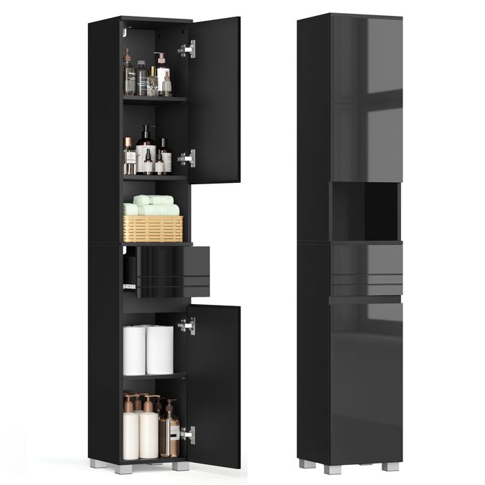 Meuble Colonne Salle De Bain Noir 30x30x138,6 Cm - Armoire D’Angle Avec Porte, Tiroir, Étagères Réglables Et Compartiment Ouvert