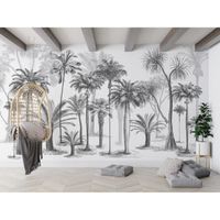 Papier Peint Panoramique jungle Soie, 400 x 280 cm, noir et blanc Sketch Tropical Rainforest Coconut Tree Poster Mural Décoration