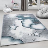 Tapis chambre d´enfant ours la pêche aux étoiles nuages  Gris-Blanc-Blue (80x150 cm)