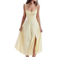 Print Bustier Sundress, Womens Floral Sexy Slit Long Printed Dress, Corset Dress Beach Strap Sundress jaune