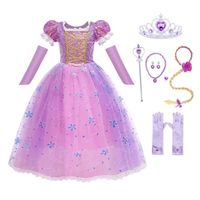 Costume Raiponce Filles - JUREBECIA - Robe Tulle Maxi avec Perruque pour Carnaval Cosplay Halloween Fête