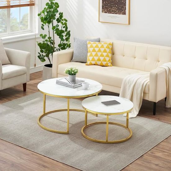 Lot De 2 Tables Basses Rondes, Table De Canapu00e9 De Du00e9coration De Table