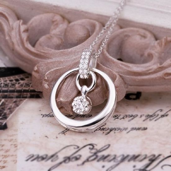 Collier Pendentif Plaqué Argent Avec 7 Strass - + Boucle D'Oreille Offerte !