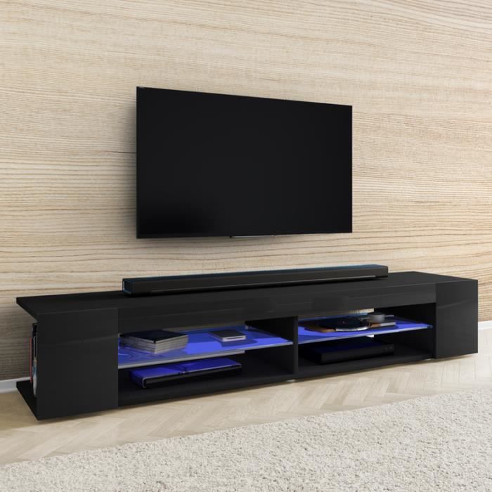 Meuble TV / Meuble de salon - MITCHELL - 180 cm - noir mat / noir brillant - éclairage LED bleu à piles - style moderne