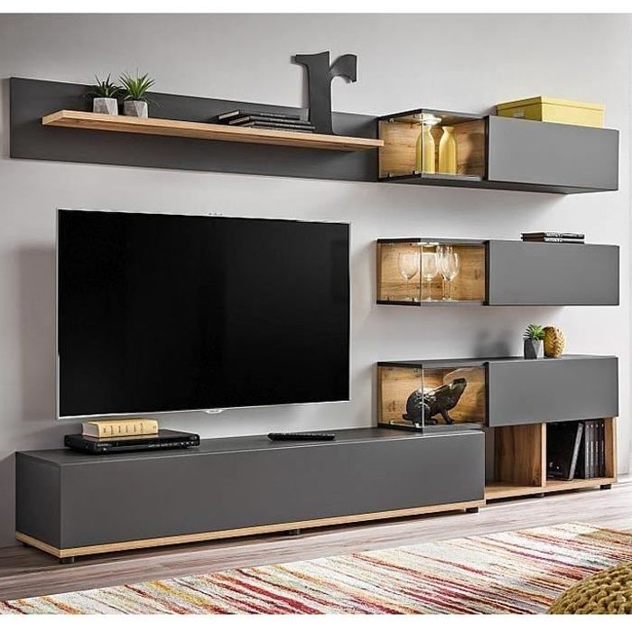 Meuble Mural TV Odin gris et chêne (2,4m)