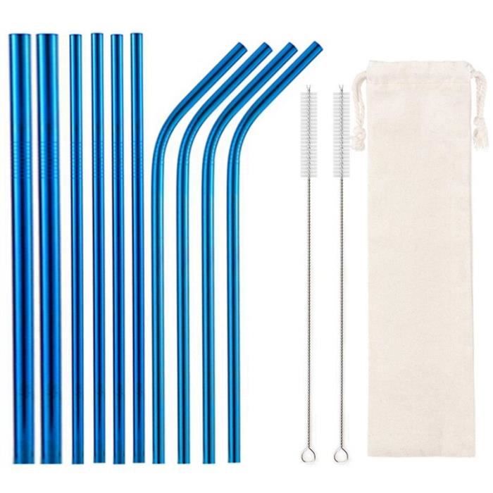 Accessoires bar,Pailles réutilisables pour boissons, avec brosses de nettoyage, paille en acier inoxydable - Type Blue White Bag