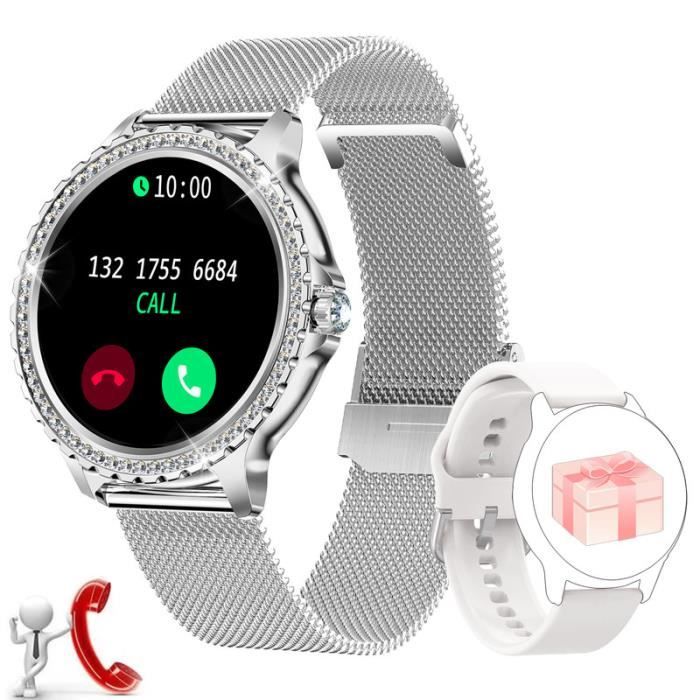 CHRONUS Montre Connectée Femme Appels Bluetooth Diamant Incrusté 1,32'' Sport Smartwatch Lecteur SpO2 pour Android iOS Argenté