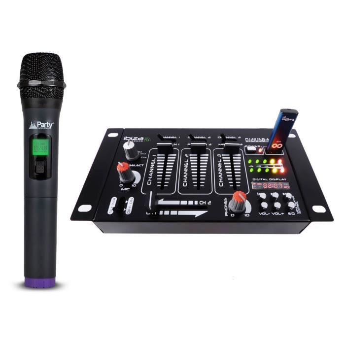 Table de mixage - Ibiza Sound DJ21 4 voies 7 entrées USB + Micro sans fil VHF via USB