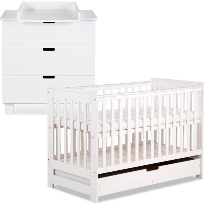 IWO Ensemble commode à langer + lit évolutif bébé 120X60 + tiroir Blanc