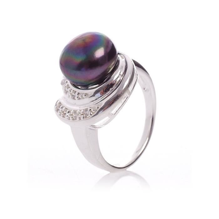 Bague Perle de culture Noire, argent et oxydes de zirconium -Carnaval-