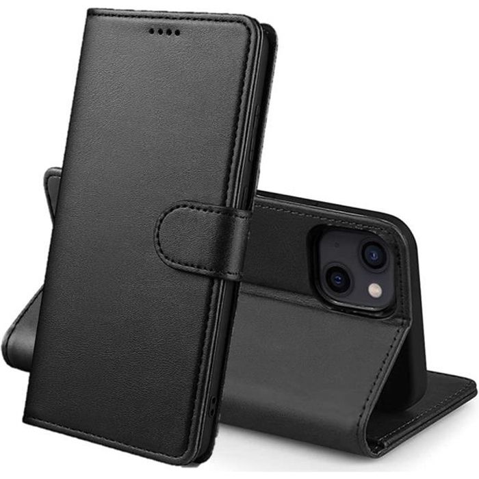 Coque pour iPhone 13 MINI (5,4-) - Portefeuille Noir Rabat Clapet Aimanté Rangement Cartes Phonillico®