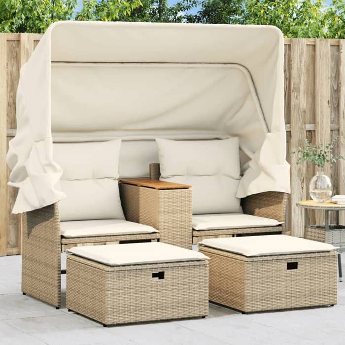 NEUF Canapé de jardin 2 places - avec auvent et tabourets - beige rotin - 144x92x69 cm - 365802