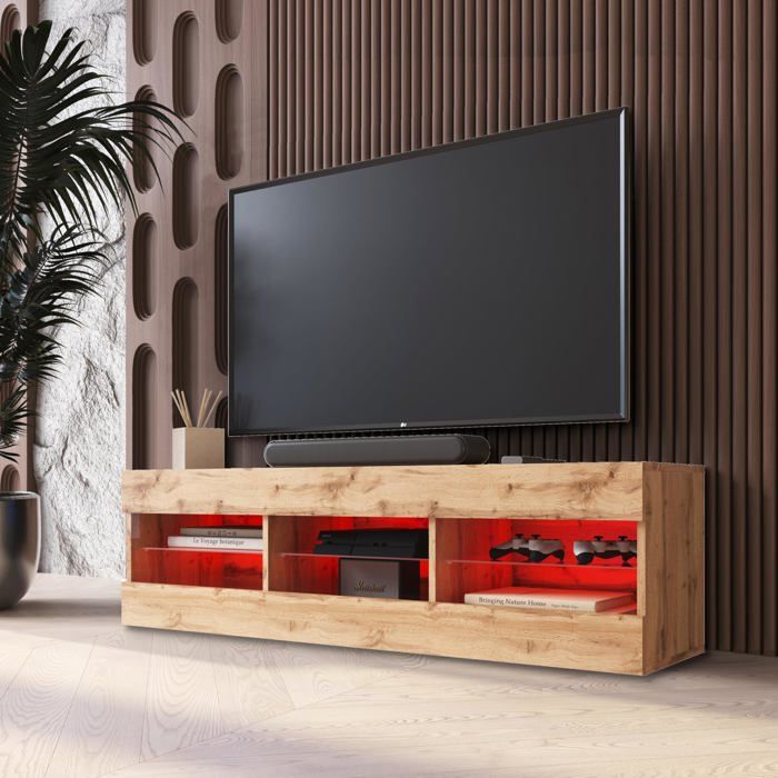 Meuble TV Tivoli RTV Komodee - LED RVB - Bois Naturel - Facades en Mat - 140 x 41 x 35 cm Meuble TV Tivoli RTV Komodee - LED RVB - Bois Naturel - Facades en Mat - 140 x 41 x 35 cm