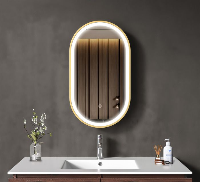 Miroir Salle De Bain LED OeLucrv - Ovale, Désembuage, Dimmable, 3 Couleurs, Cadre Doré 50x70cm