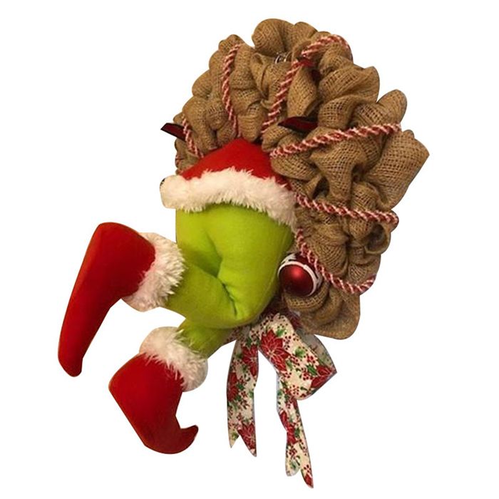 Couronne de Nol Grinch Clevoers couronne de porte dcoration de Nol garnie de Grinch jambes en ivoire Label