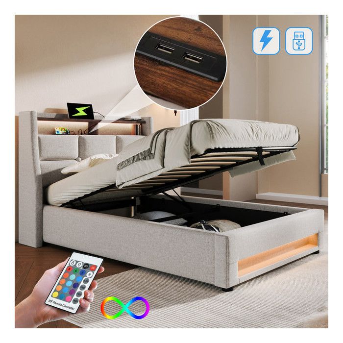 Lit simple rembourré 90x200 cm avec port USB et LED Lit coffre avec sommier à lattes en métal Lit 1 Personne Cadre de lit en lin