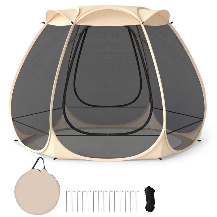 Tente de Camping Pop-up 4-6 Personnes COSTWAY à Moustiquaire 6 Côtés 310 x 270 CM Sac de Transport Portable 2 Portes à Enroulement