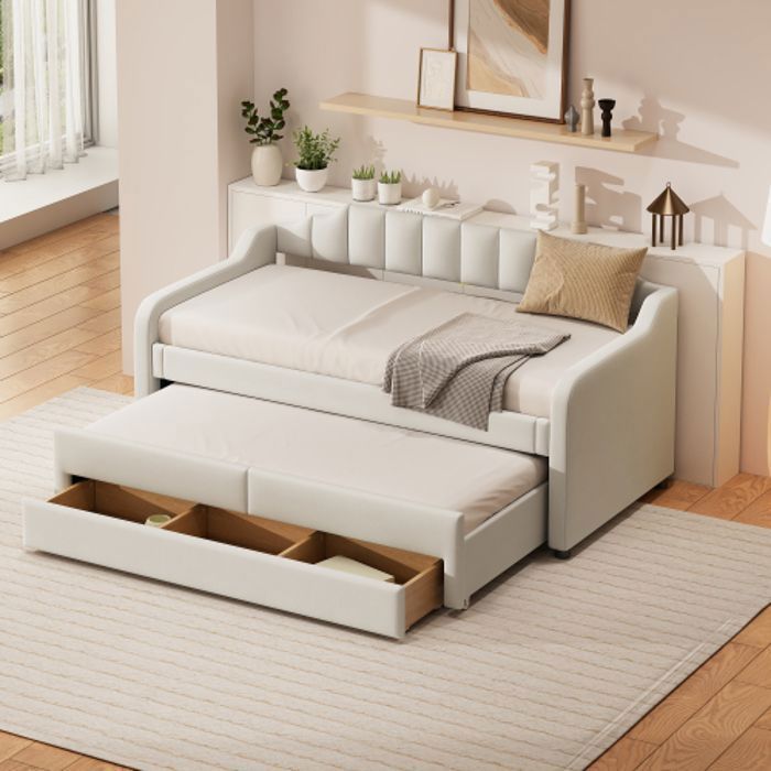 O.Ye Lit De Jour 90x200 cm (190 cm) Sans Matelas Simple Rembourré Avec Conteneur À Roulettes Et Tiroirs Beige