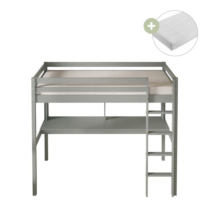 Lit Mezzanine - SUNNY - Gris - Bureau Intégré - Matelas Hybride 90x200 - Escalier Réversible Lit Mezzanine - SUNNY - Gris - Bureau Intégré - Matelas Hybride 90x200 - Escalier Réversible