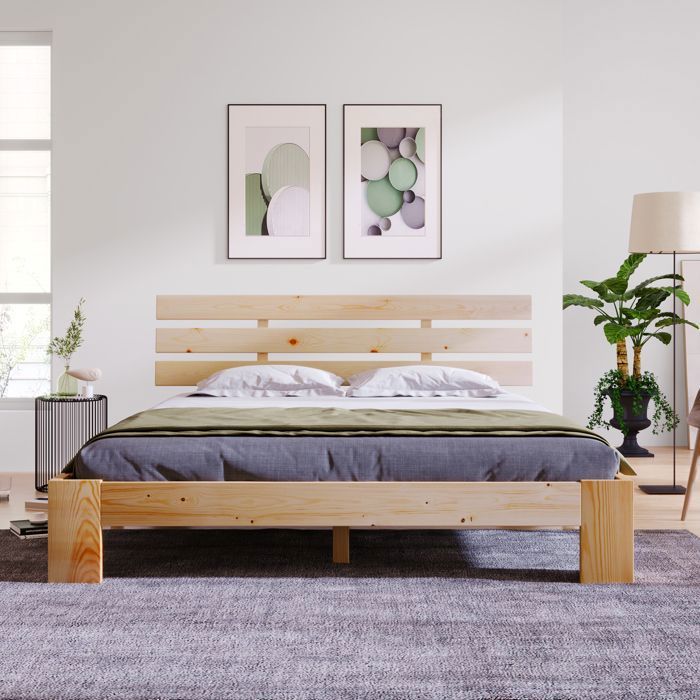 Lit adulte en bois massif - 200x140 cm - Naturel - Sommier à lattes