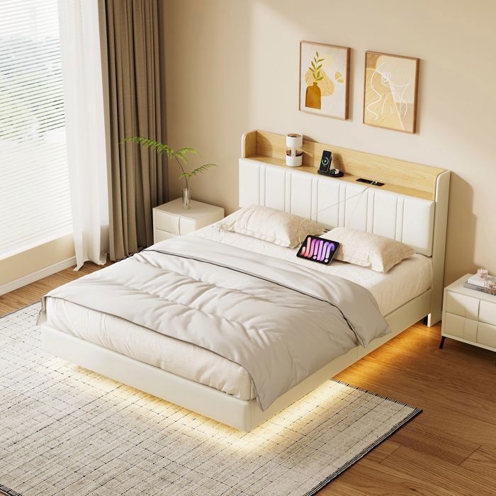 Lit double 140x200 cm - ADWOLT - LED - USB - Cadre de lit flottant 140 x 200 cm - Tête de lit avec rangement - PU