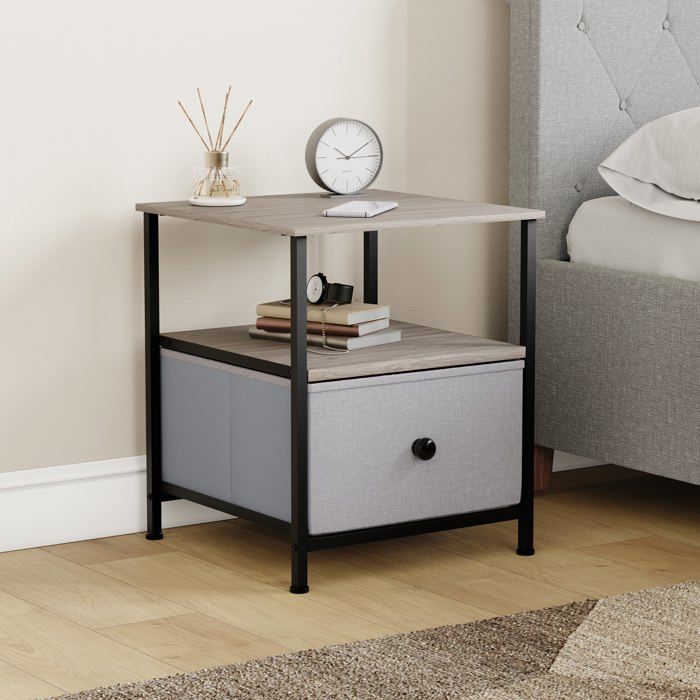 Table de chevet en tissu Chorley à 1 tiroir bois beige et gris meuble de chambre moderne