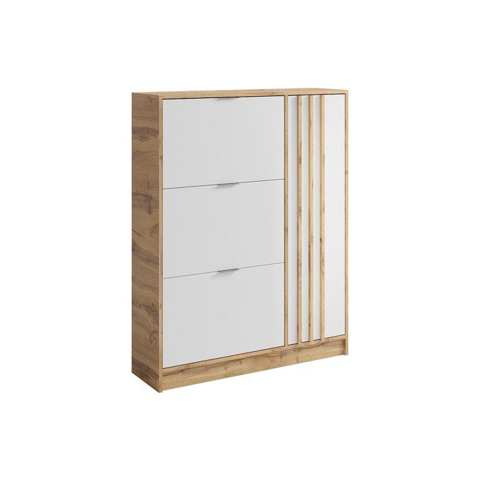 Meuble à chaussures avec 1 porte et 3 compartiments abattants - Naturel et Blanc - JANAKIA