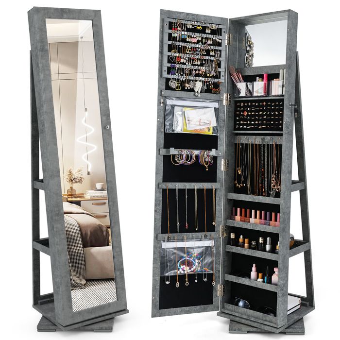 3 en 1 Armoire à Bijoux sur Pieds COSTWAY Pivotante à 360 Degrés Grand Miroir Psyché et Etagère de Rangement à LArrière Gris Vert