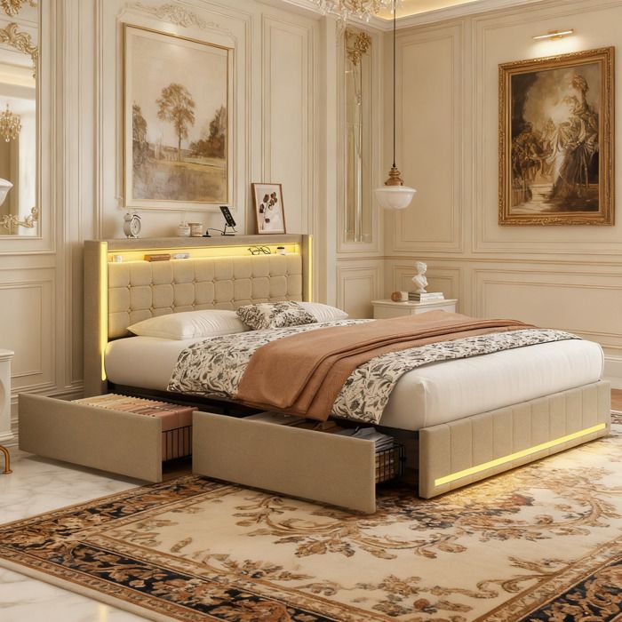 Lit double 140x200 cm rembourré lin beige - 4 tiroirs LED & USB sommier à lattes style scandinave