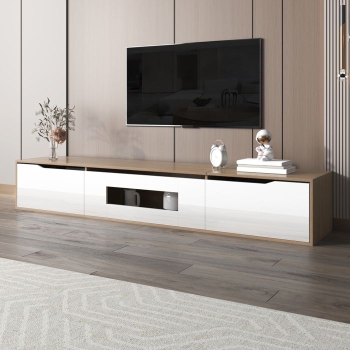 Meuble TV Blanc Brillant et Bois avec Éclairage LED RGB - Design Moderne à Couleur Changeante pour Salon Meuble TV Blanc Brillant et Bois avec Éclairage LED RGB - Design Moderne à Couleur Changeante pour Salon