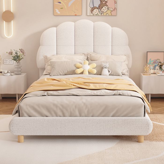 Lit Simple 90x200 cm - Lit Enfant en molleton circulaire - Tête de lit en forme de nuage - Sommier à lattes - Blanc