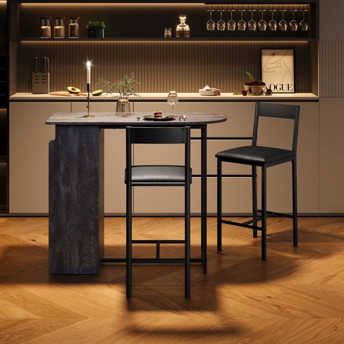 Table de bar semi-circulaire avec tabourets de bar en bois avec 2 chaises table haute avec 3 compartiments de rangement gris