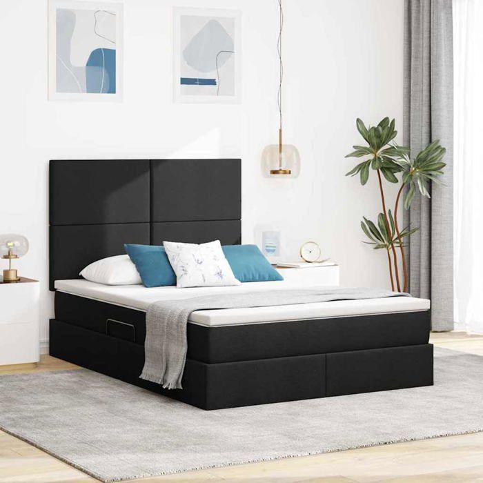 Lit double avec LED - vidaXL - 140x190 cm - Noir - Tissu polyester - Bandes LED - Cadre en métal - Matelas inclus