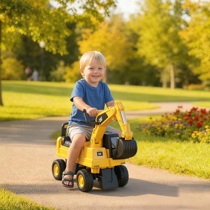 Tractopelle porteur enfant - HOMCOM - sous licence CAT - pelle manuelle, klaxon et rangement caché - PP - 85x27,5x47,5cm - jaune - Jeux - Jouets