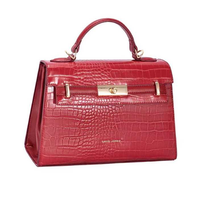 David Jones Paris - Sac à main Similicuir Croco - Taille Moyenne - 2 compartiments - Chic Ville Soirée - Couleur Rouge