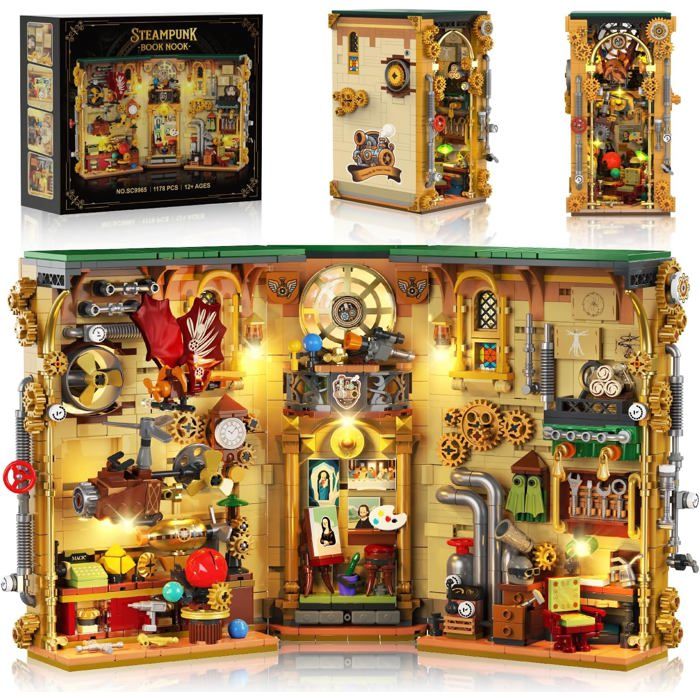 Funwhole - Kit d'atelier mécanique steampunk avec lumière LED - 1900 blocs de construction - Atelier de ville interactif avec grue, avion et robots