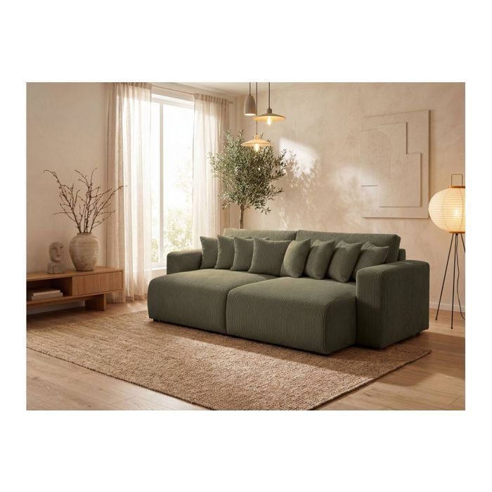 Canapé droit 4 places JADE double méridienne et assise profonde en velours côtelé - Vert