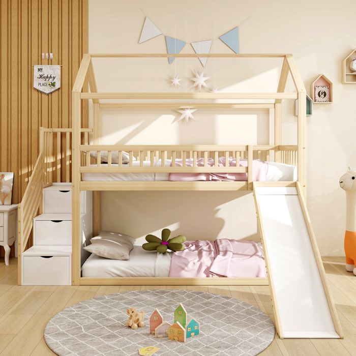 Lit mezzanine en bois 90 x 200 cm avec toboggan et Échelle de rangement Lit superposé avec garde-corps Haut lit enfants naturel