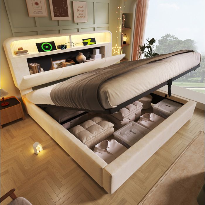 Lit coffre adulte 140x190 cm. avec tête de lit coffre réglable en hauteur. LED. USB+Type-C. sans matelas. velours. beige